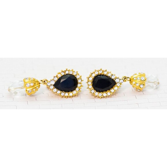 Vintage Black Teardrop Clear Gemstone Gold Tone Clip On Earrings by Monet - V26 - Picture 2 of 3